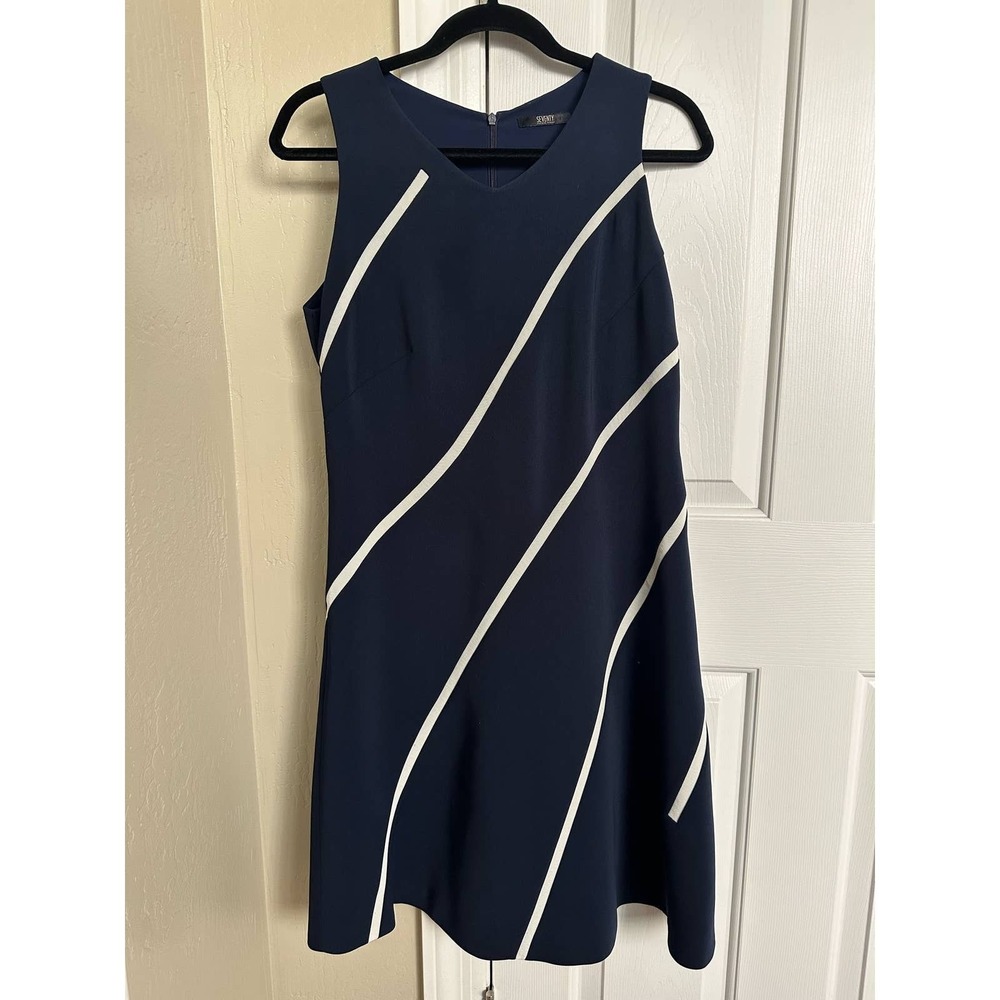 Seventy Sergio Tegon Navy Blue Sleeveless Dress - White Diagonal Stripes - IT 42